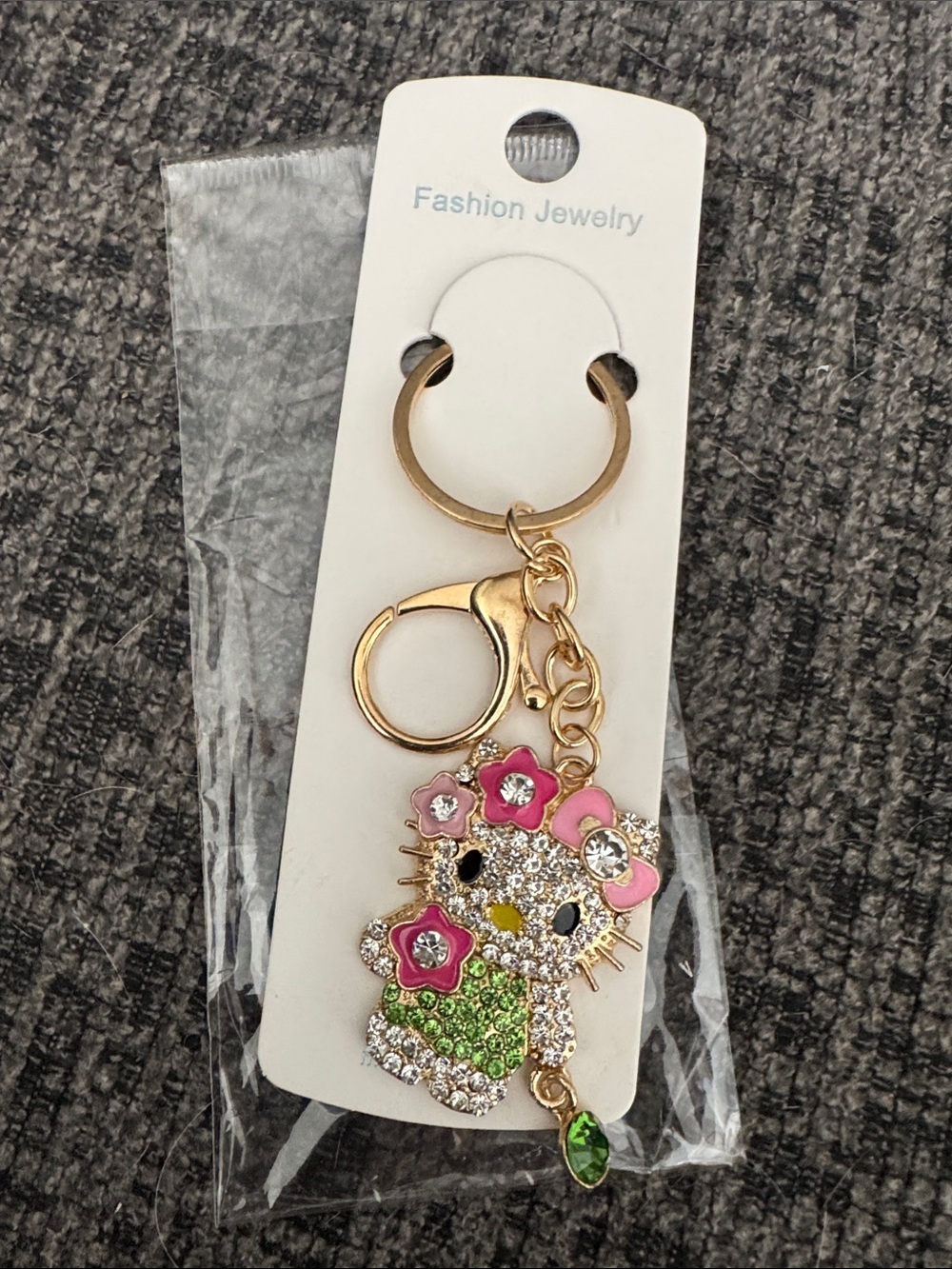 Hello Kitty Gold & Pink Green Rhinestone Keychain  Bag Charm
